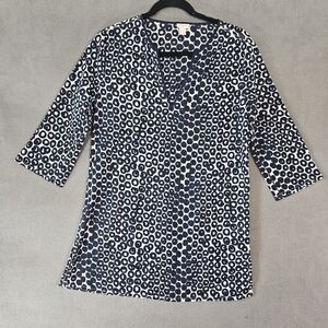 J Crew Women Small Vneck Beach Shirt Navy Blue Circles Sheer 3/4 Sleeve Vacation